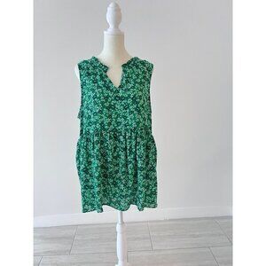 Bobeau Womens Sleeveless V-Neck Floral Print Babydoll Top Size L green